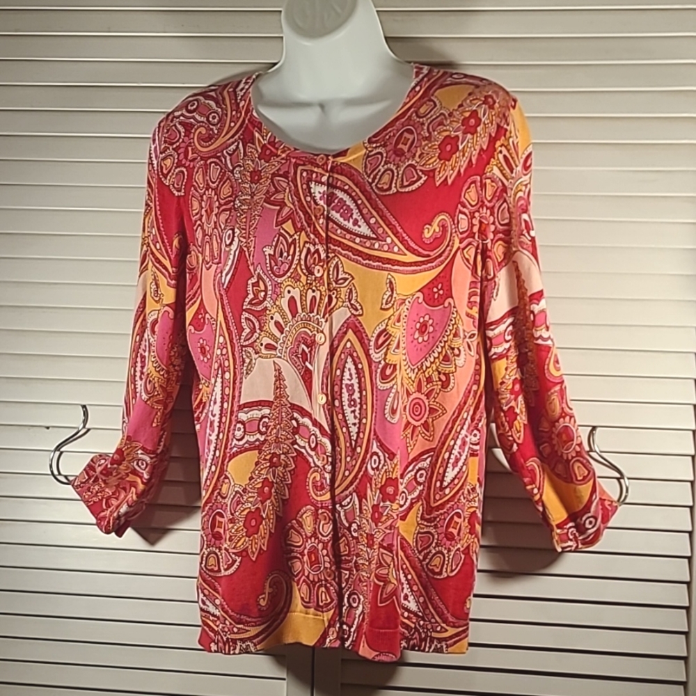 Talbots Pink Paisley Button Front Cardigan 3/4 Sleeve Sweater